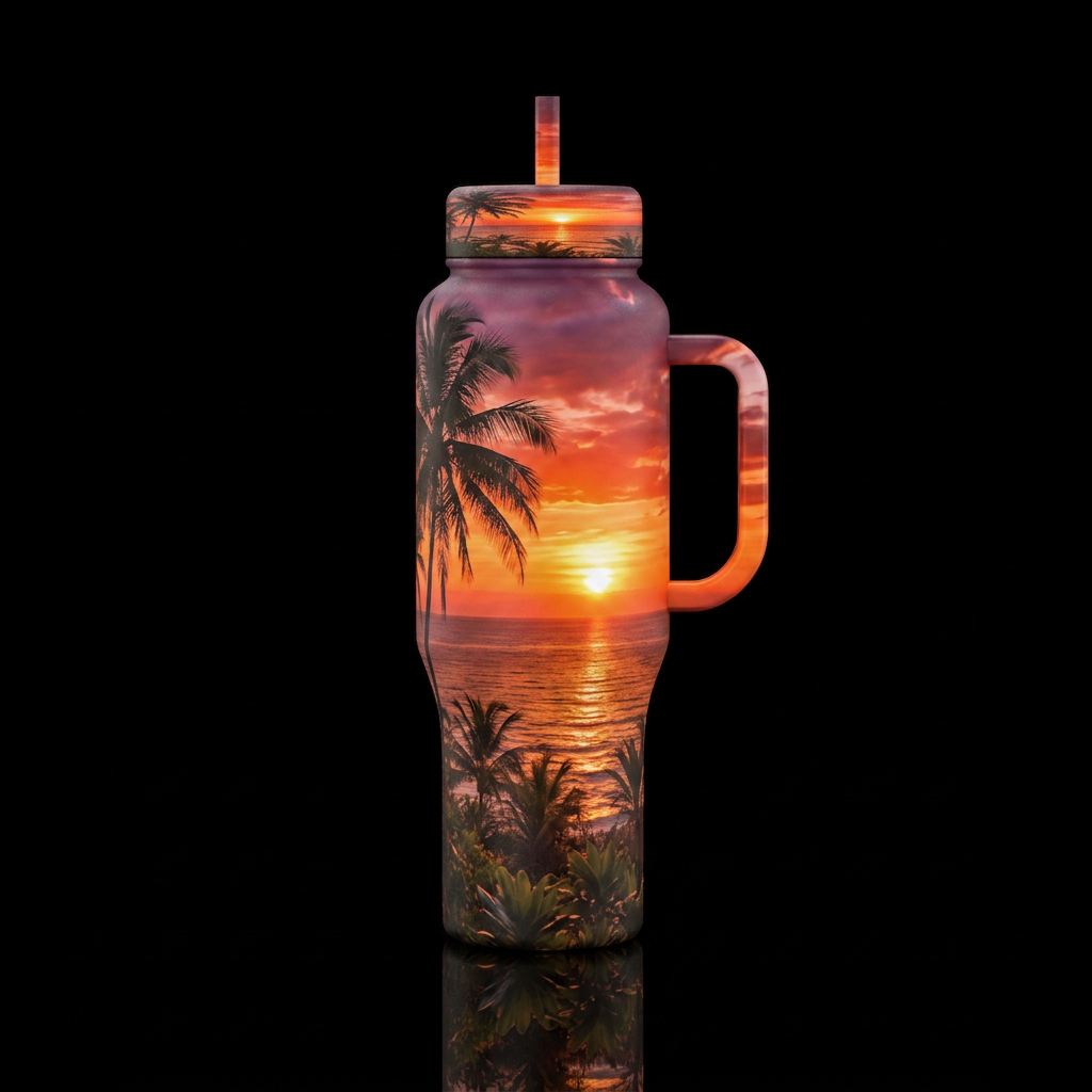 Sunset, ocean, clouds, trees water bottle design