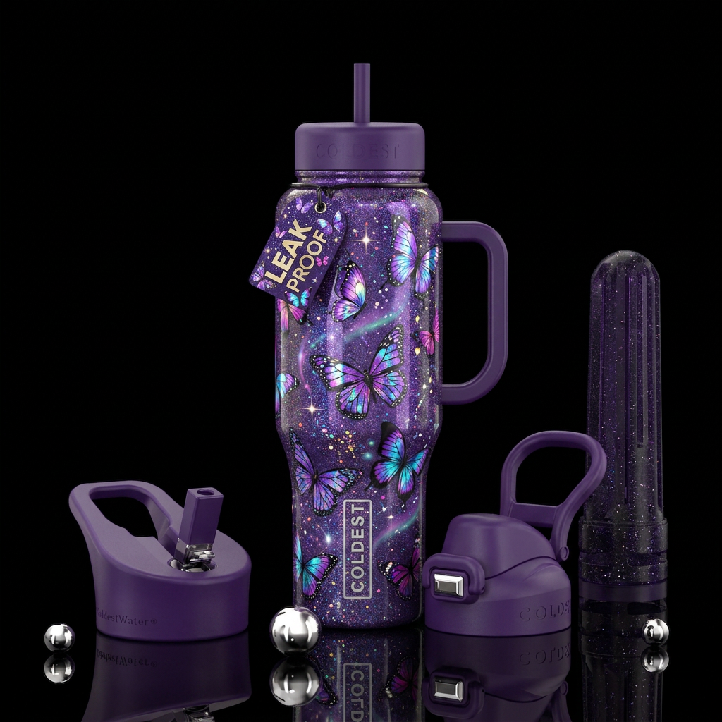 sparkly, butterfly, magic water bottle design