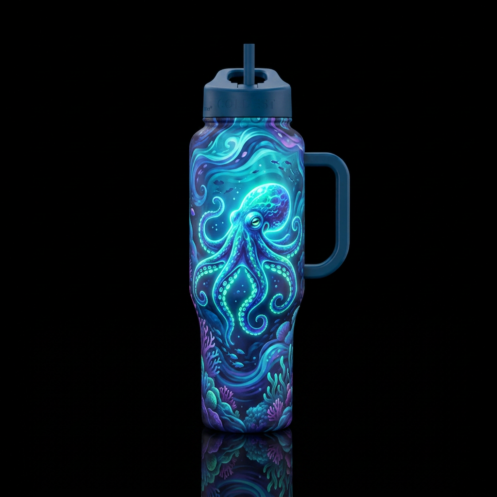 ocean, glowie octopus water bottle design