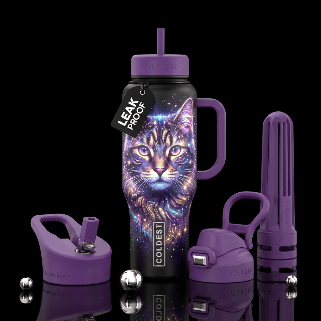 sparkly, glowie, cat water bottle design