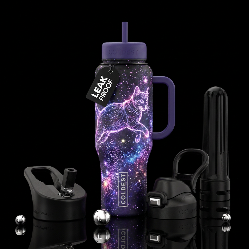 sparkly, glowie, cat water bottle design