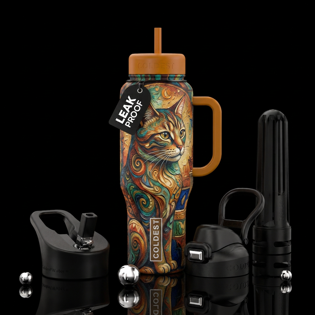 rustic, artistic, cat water bottle design