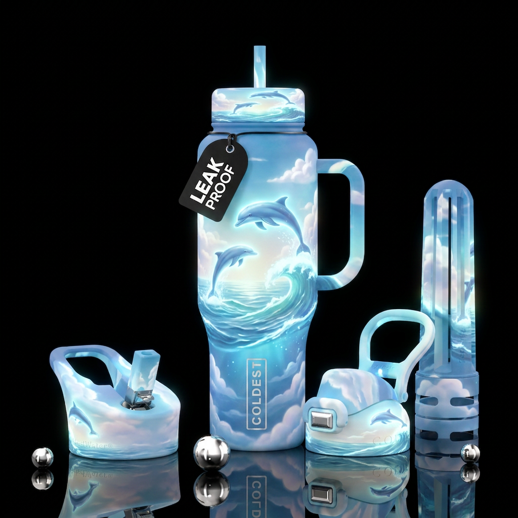 Dolphins, clouds, ocean, glowie water bottle design