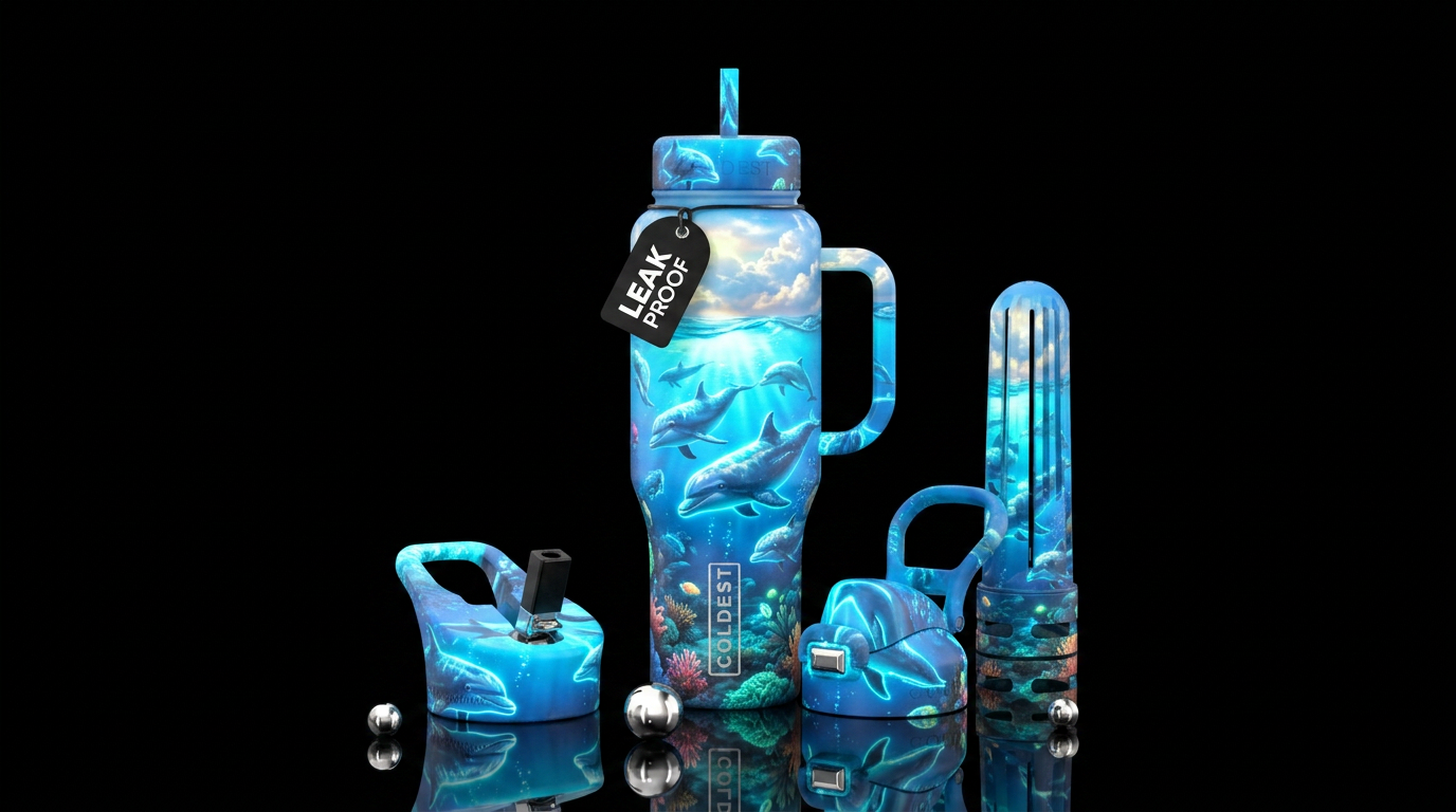 Dolphins, clouds, ocean, glowie water bottle design