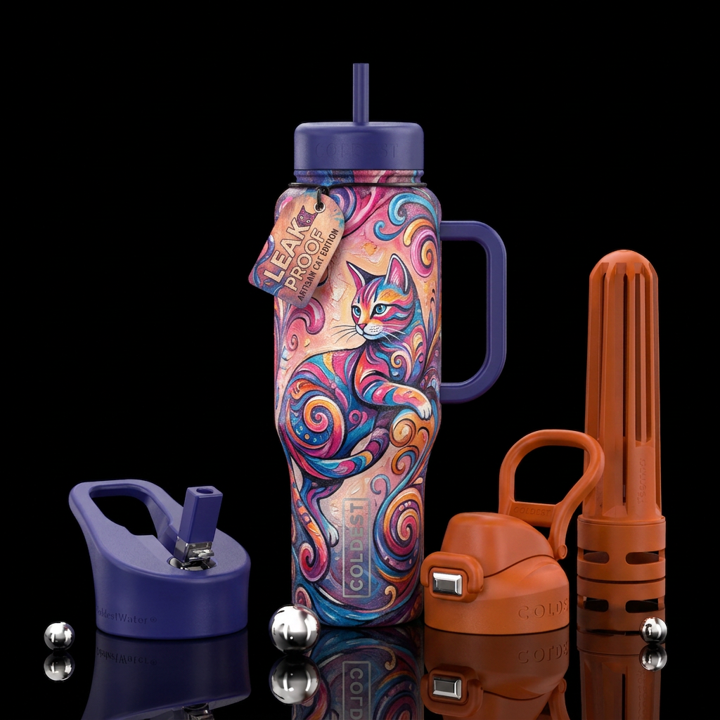 rustic, artistic, cat water bottle design