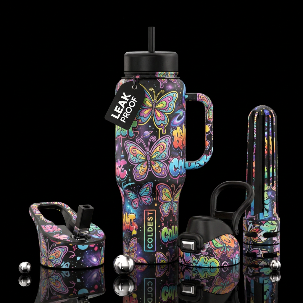 graffiti art, cartoon, butterfly, seamless, whimsi... water bottle design