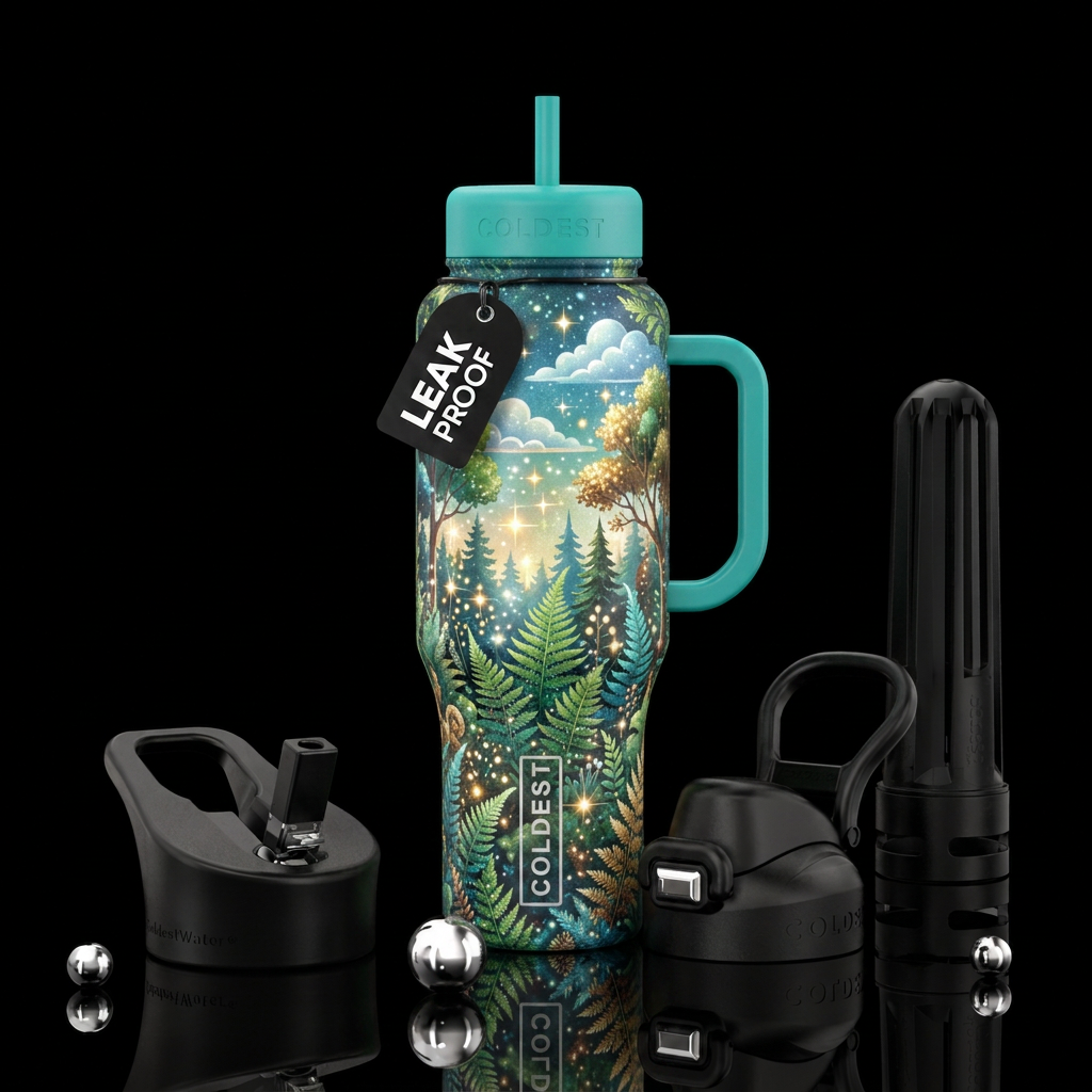fern, sparkly, clouds, trees water bottle design