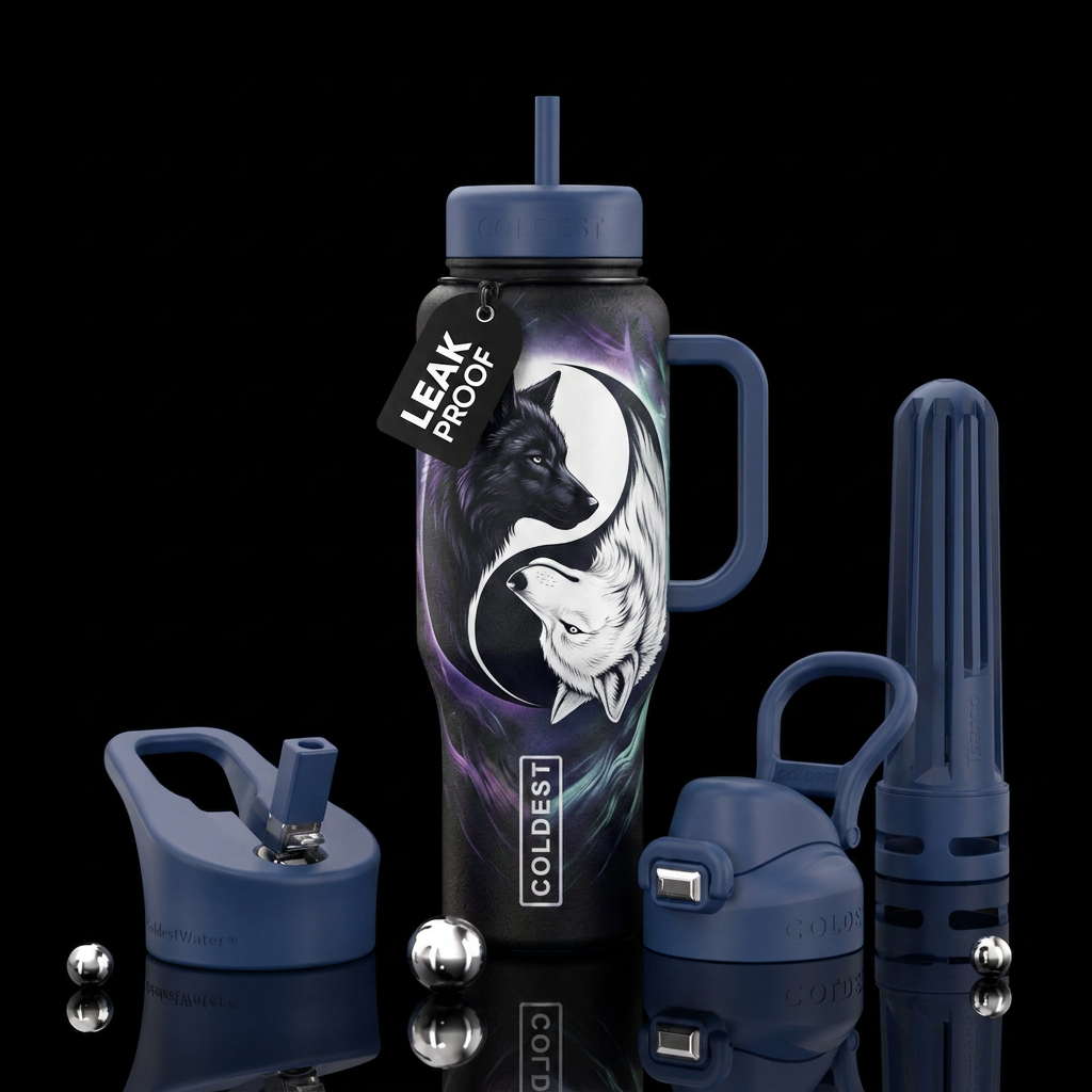 Black and white wolf like a yin Yang water bottle design