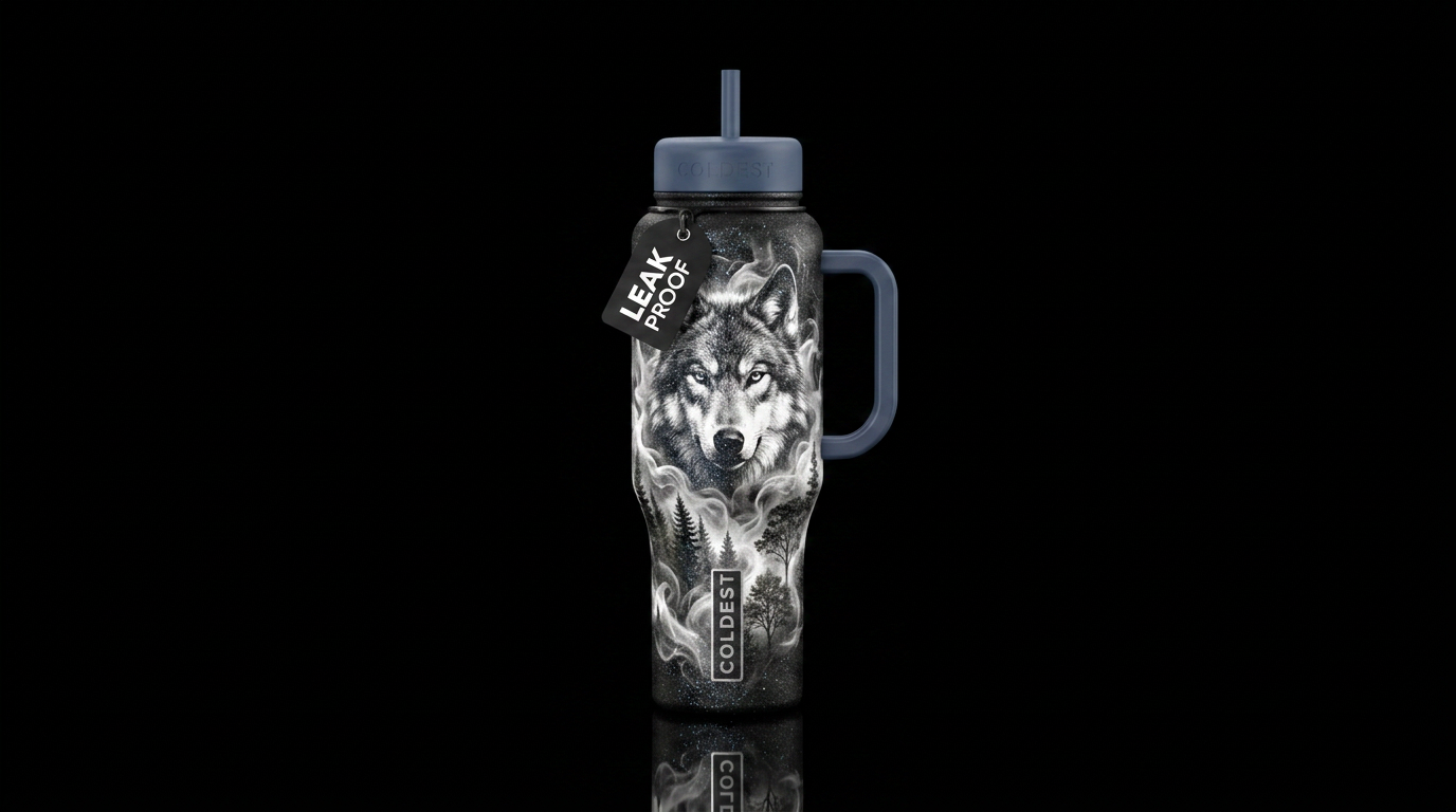 Black and white wolf,, realism, sparkly, smoke, cl... water bottle design