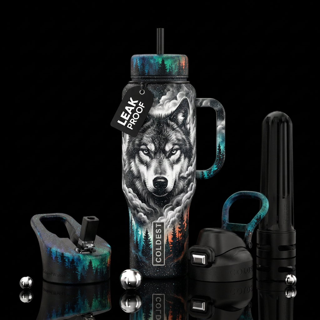 Black and white wolf,, realism, sparkly, smoke, cl... water bottle design