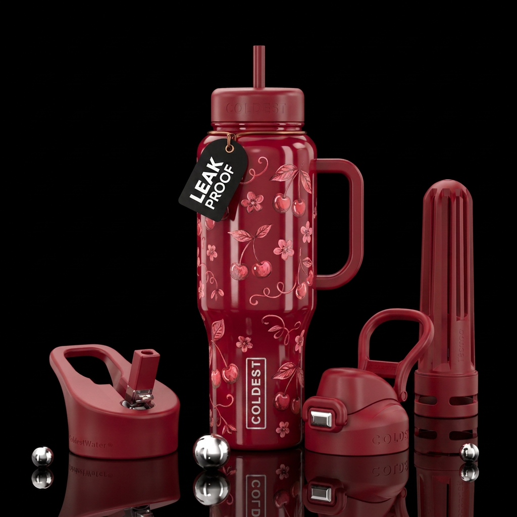 cherry, vibrant, whimsical, painted water bottle design