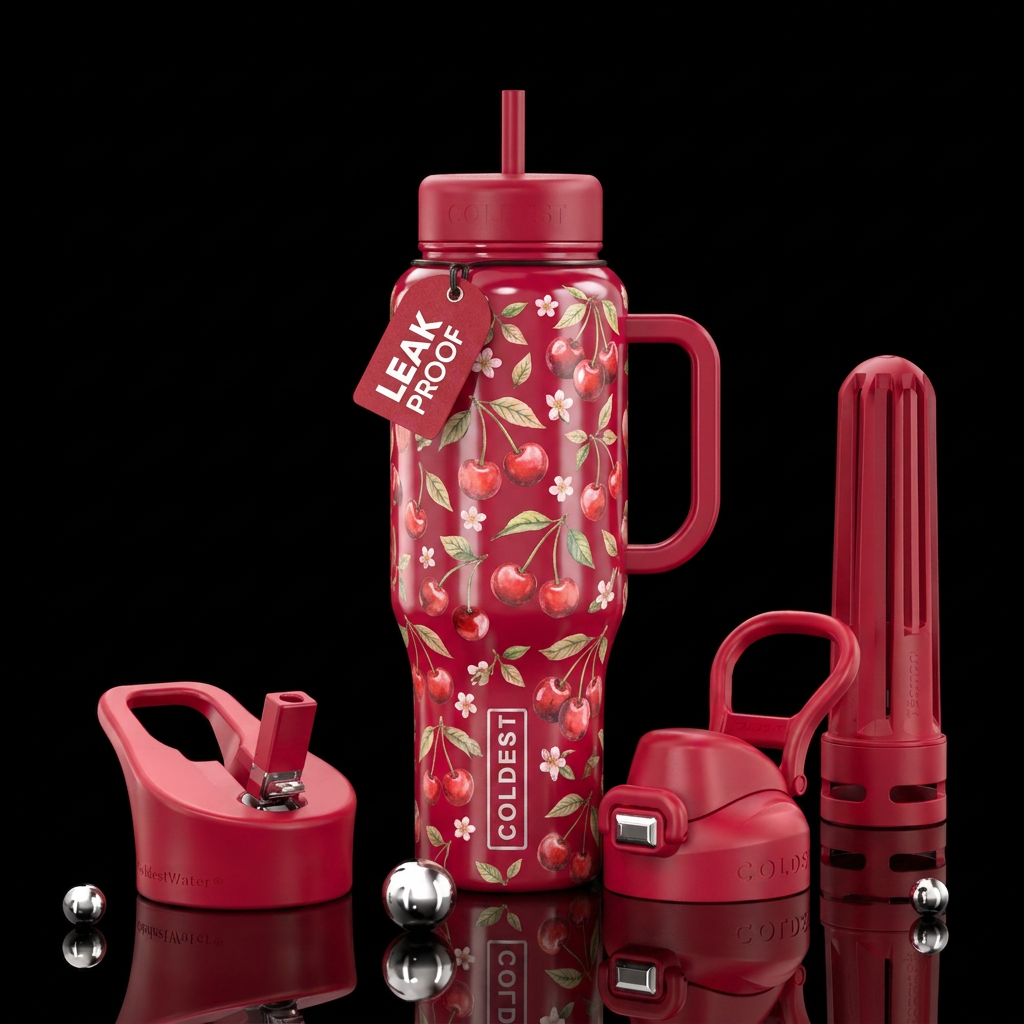 cherry, vibrant, whimsical, painted water bottle design