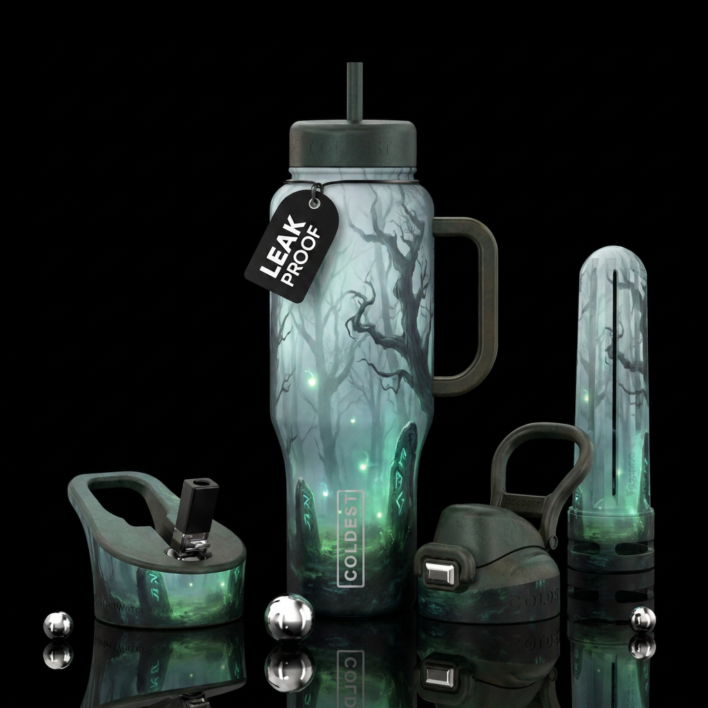 foggy morning, scary, fantasy, magical water bottle design