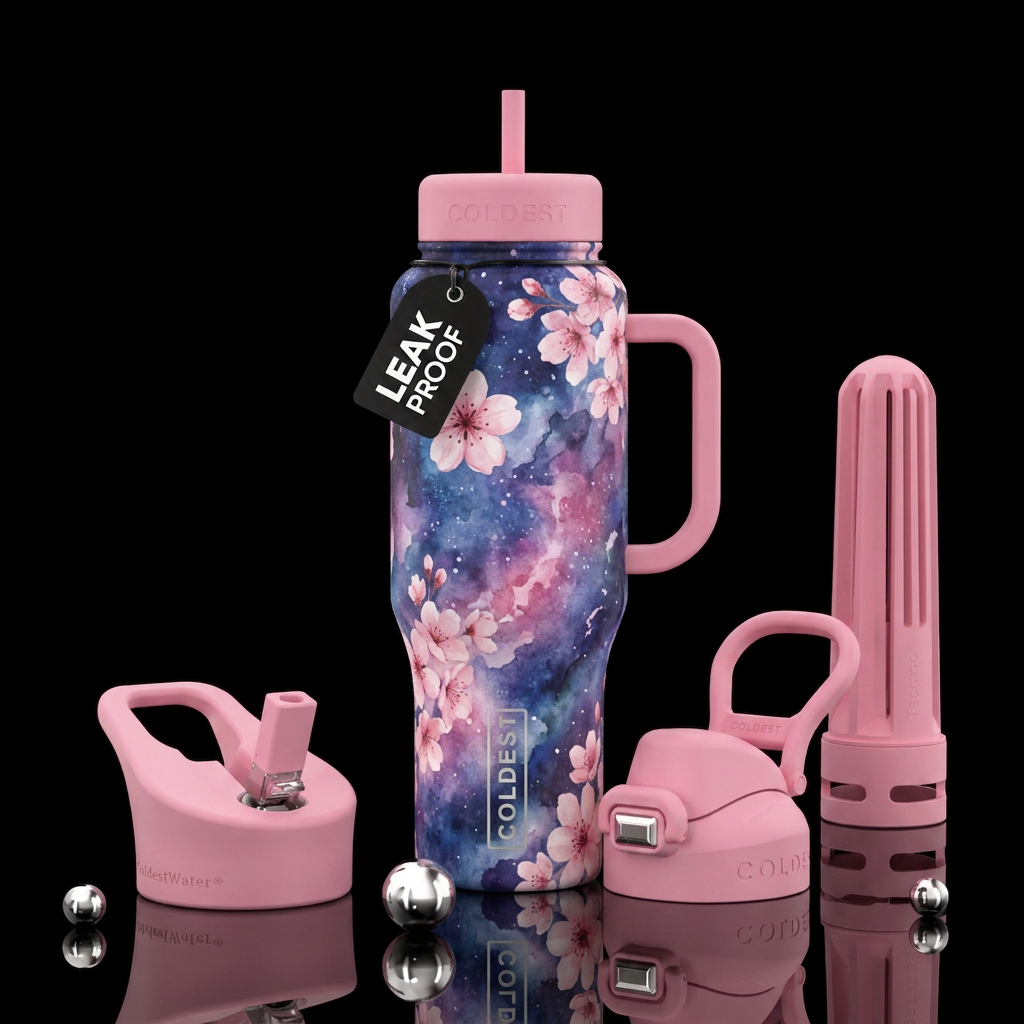 watercolor, galaxy, Cherry blossom water bottle design
