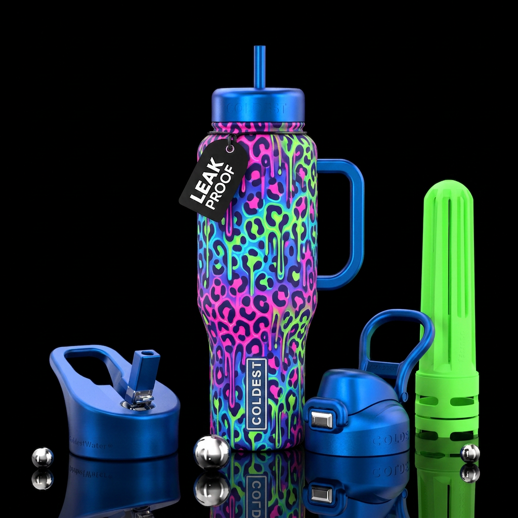 Neon Cheetah dripping water bottle design