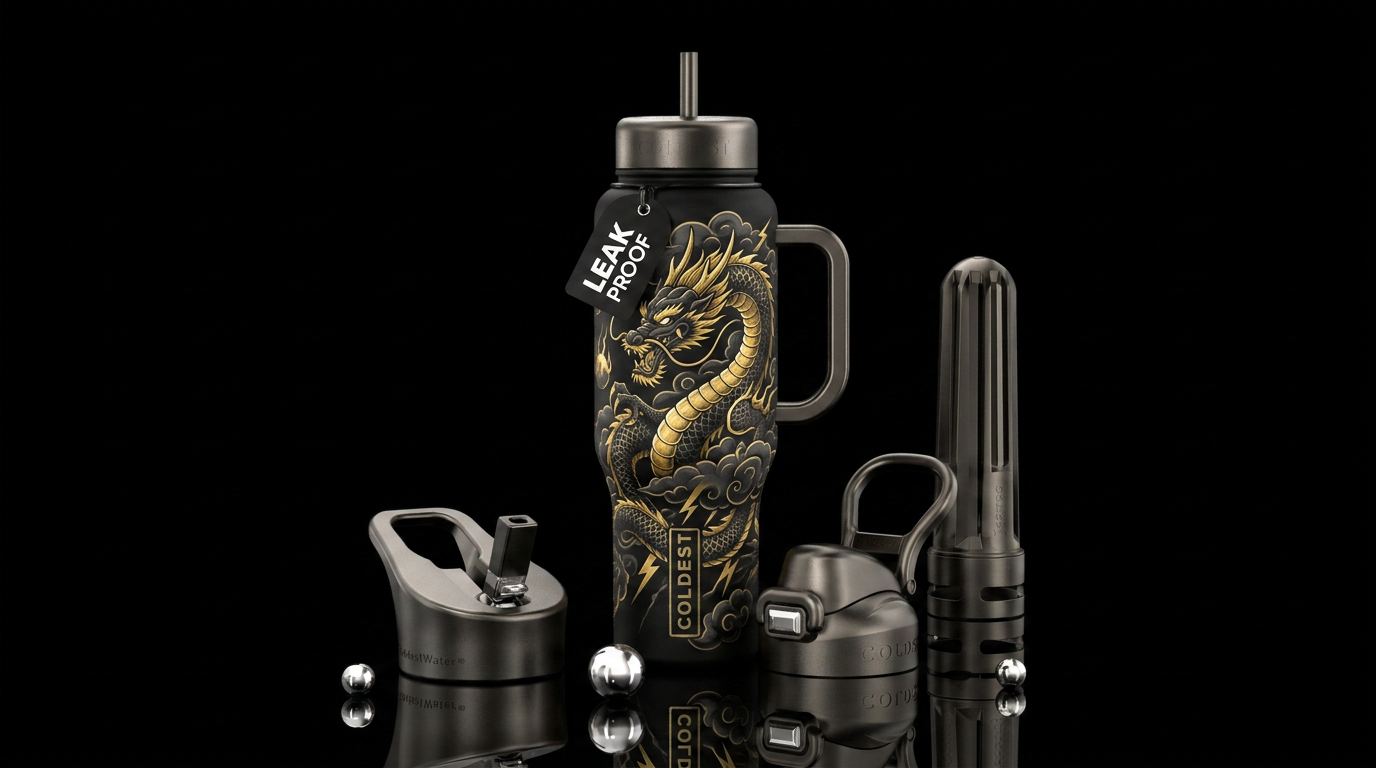 Black and gold dragon with dark cloud and lighting water bottle design