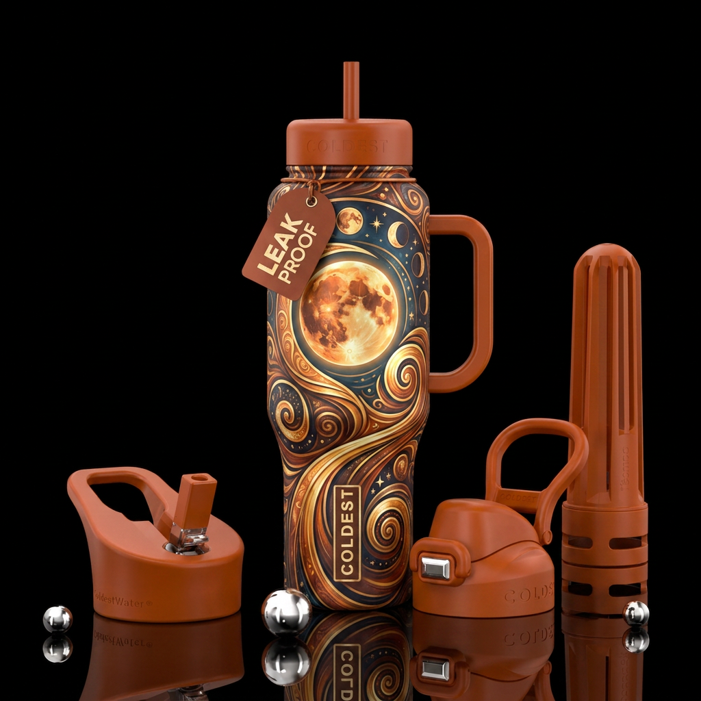 harvest moon, swirls, spirals water bottle design