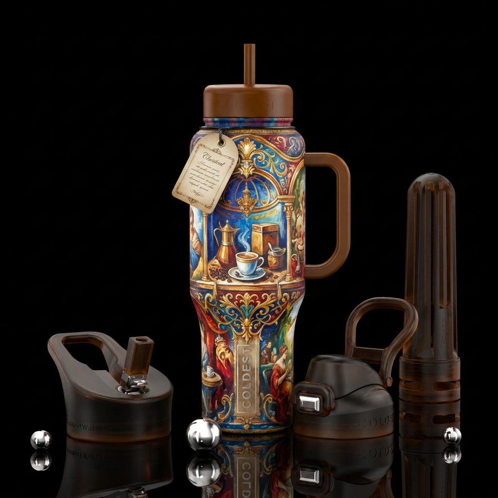 iced coffee, classical, painted, vibrant water bottle design