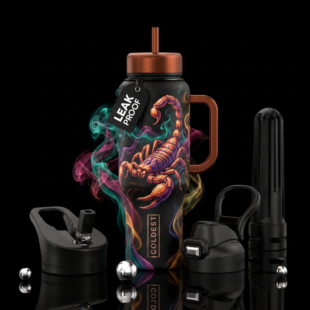scorpion, scary, smoke, whimsical water bottle design