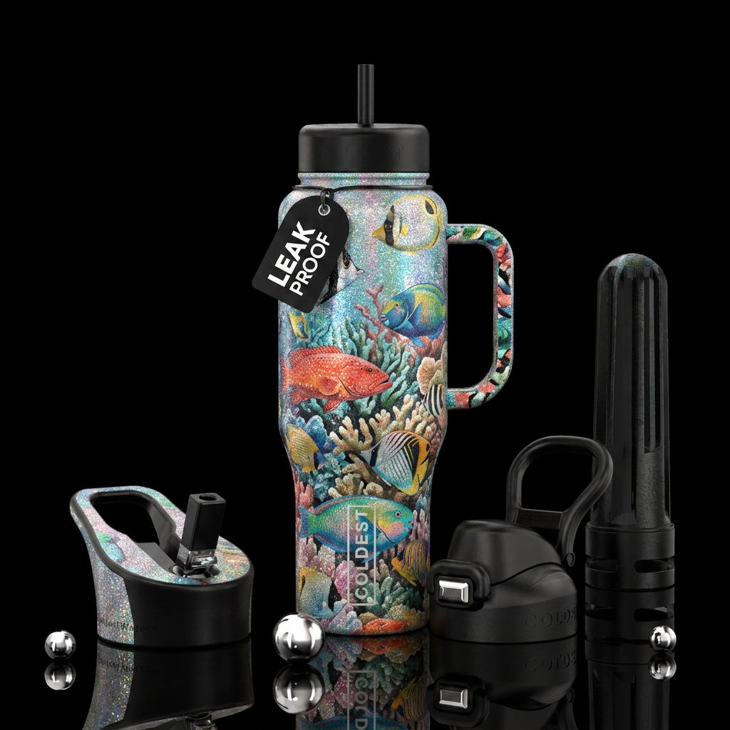 tropical fish, sparkly, vibrant water bottle design