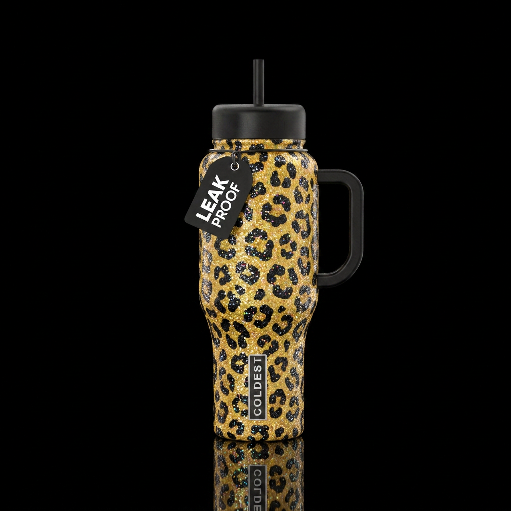 sparkly leopard water bottle design