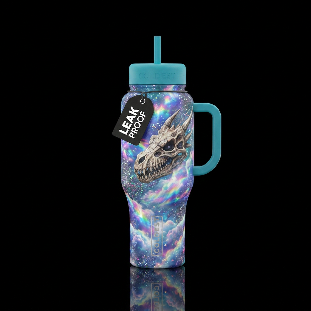 clouds, sparkly, dragon skull water bottle design