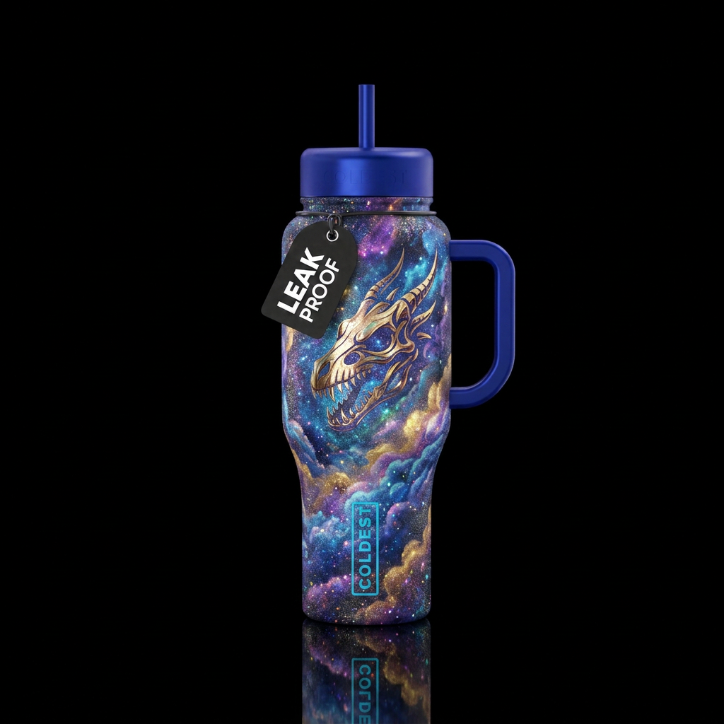 clouds, sparkly, dragon skull water bottle design
