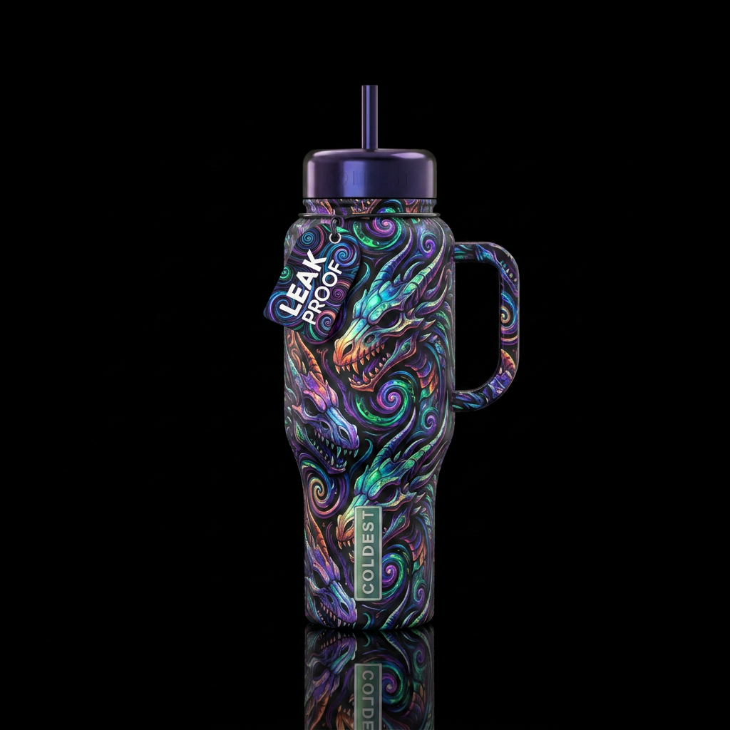 Dragon skull, spirals, seamless, magical, shiny water bottle design