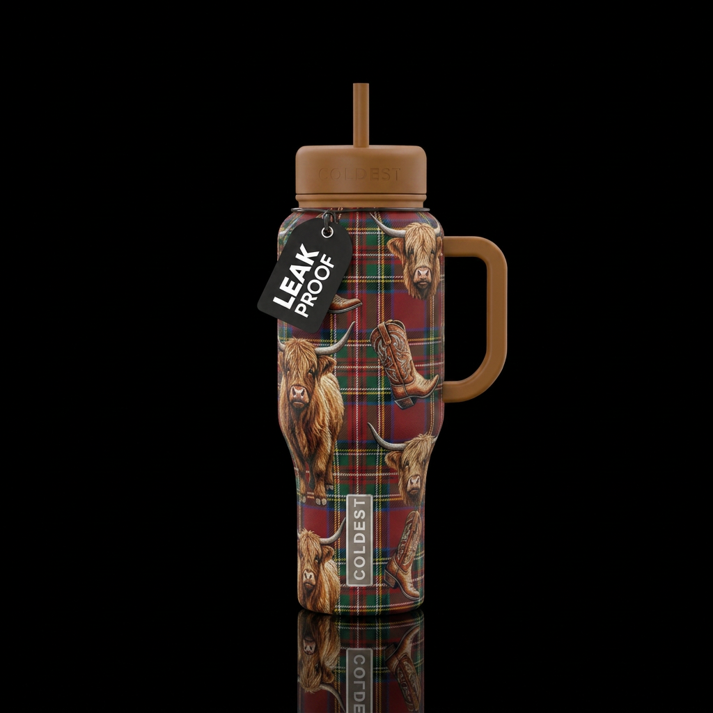 plaid, cow girl boots, fluffy cows water bottle design