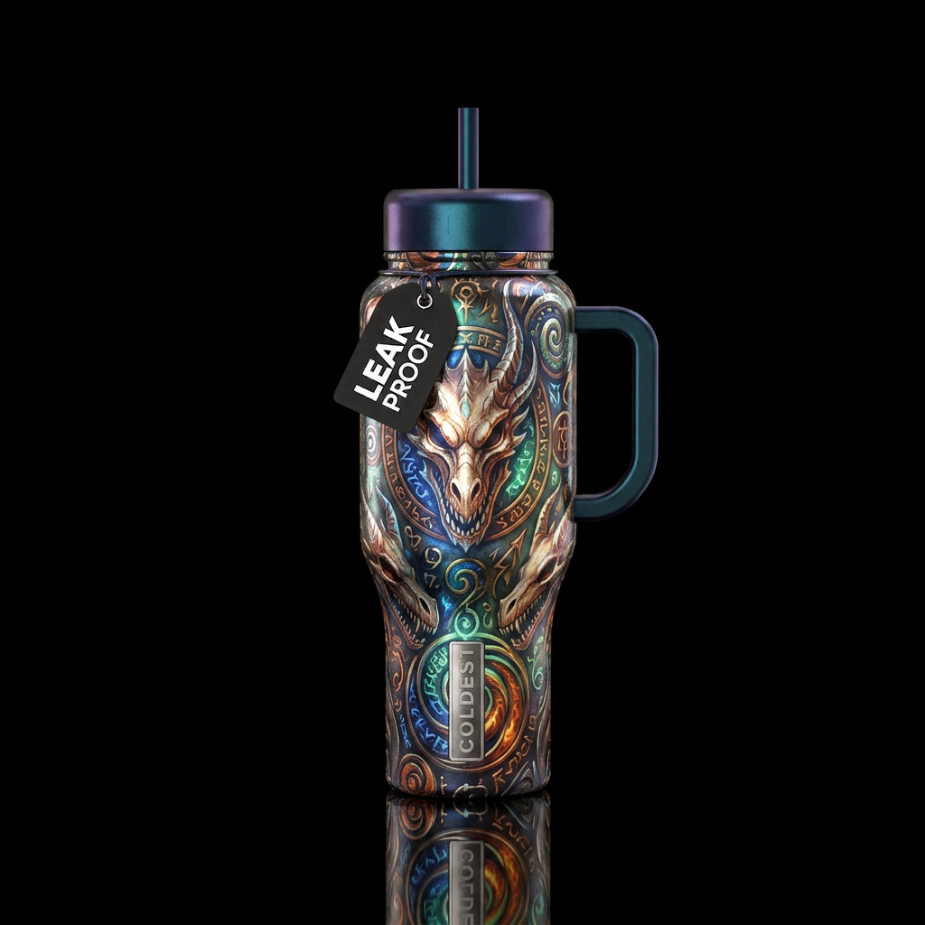 Dragon skull, spirals, seamless, magical, shiny water bottle design