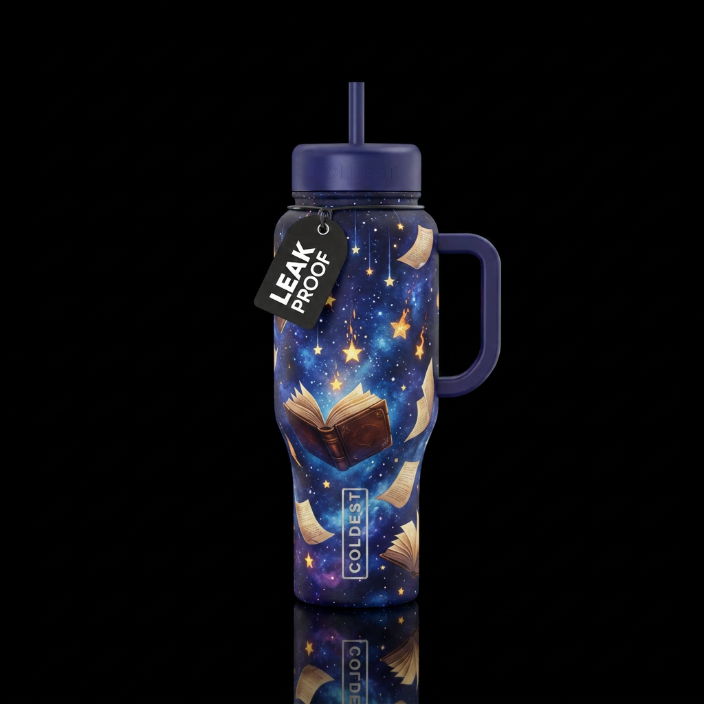 Night sky, books, pages, stars falling water bottle design