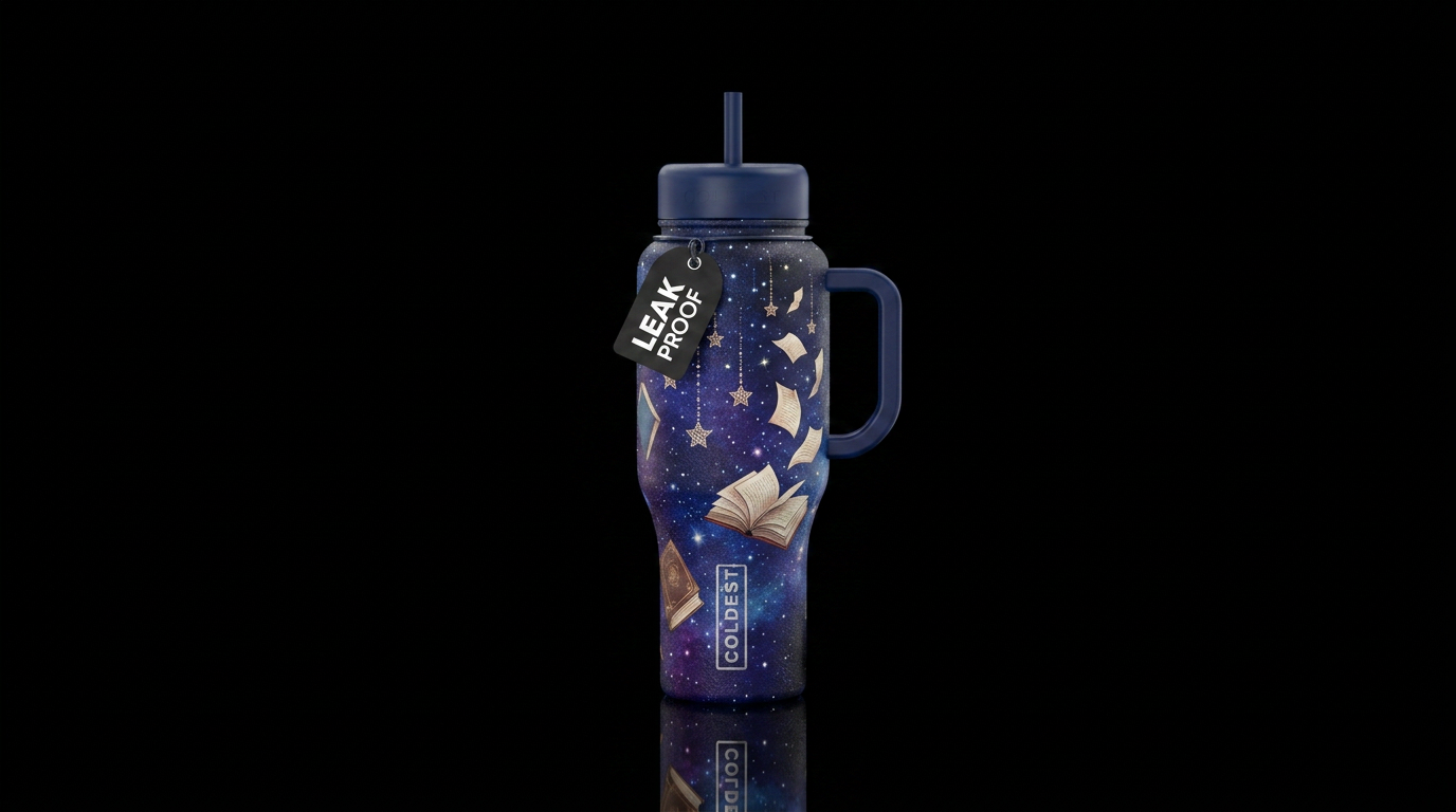 Night sky, books, pages, stars falling water bottle design