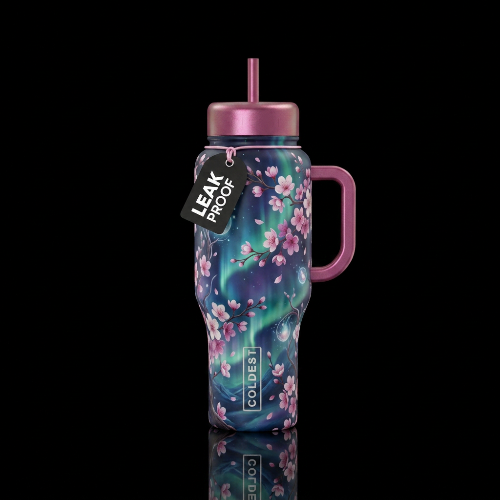 aurora, fantasy, cherry blossom season water bottle design