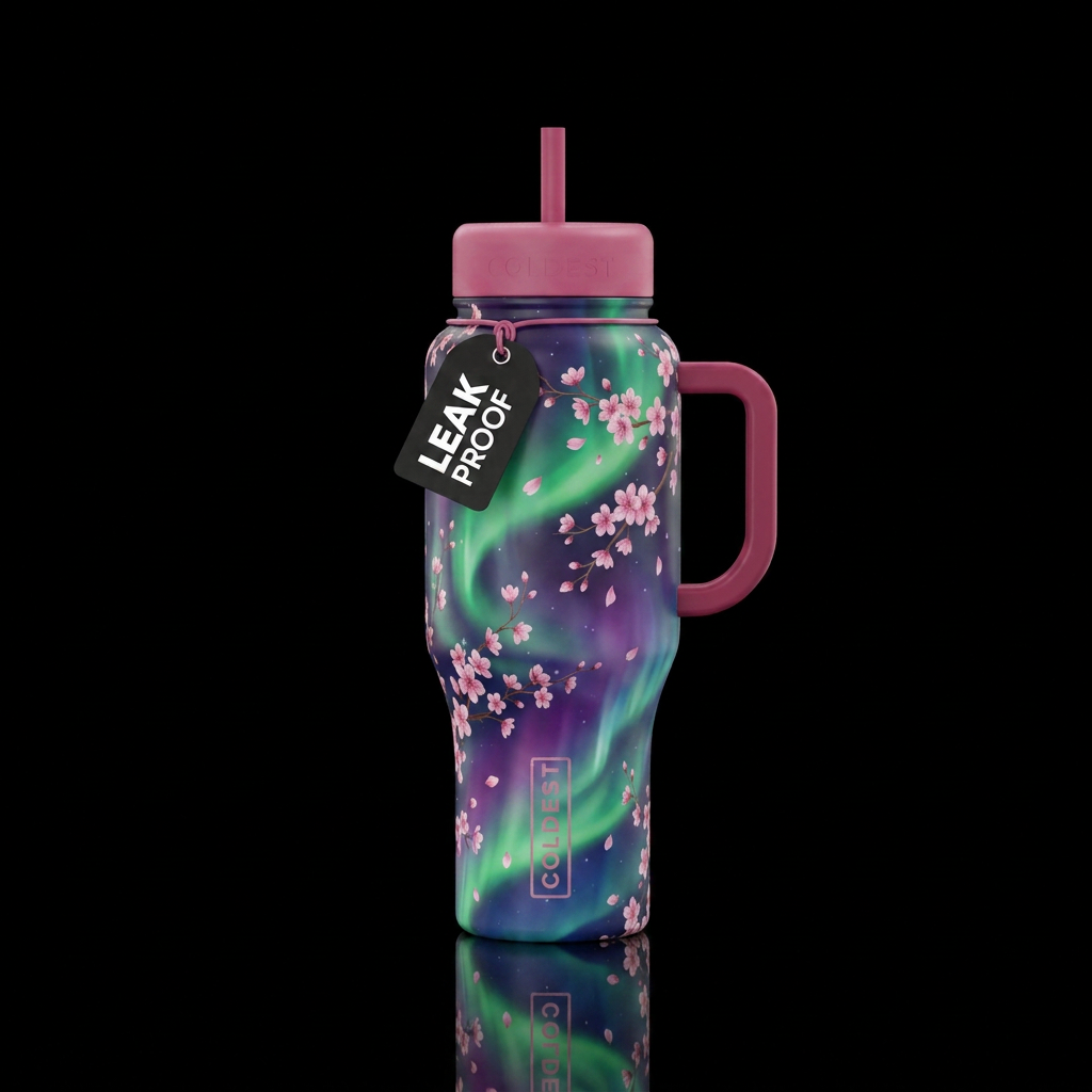aurora, fantasy, cherry blossom season water bottle design