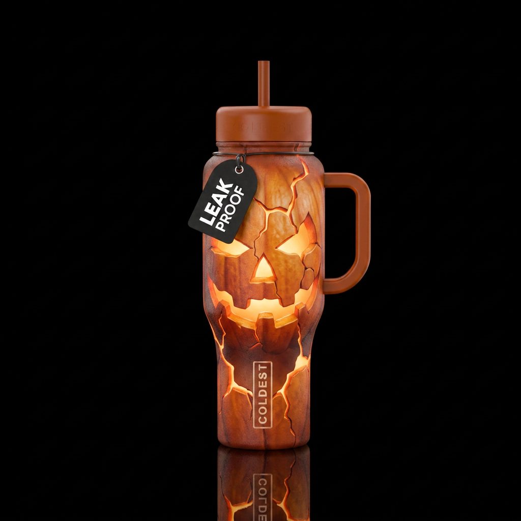 vibrant, glowie, cracked pumpkin water bottle design