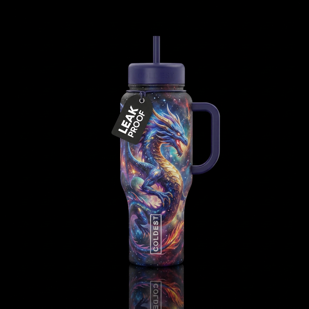 space, vibrant, dragon water bottle design