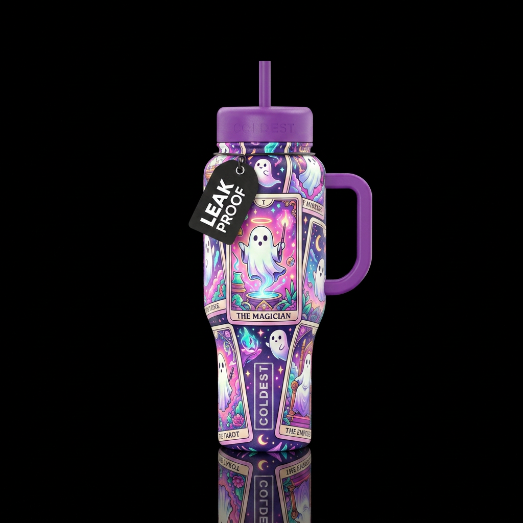 Tarot cards, ghost, magical, bright colors water bottle design