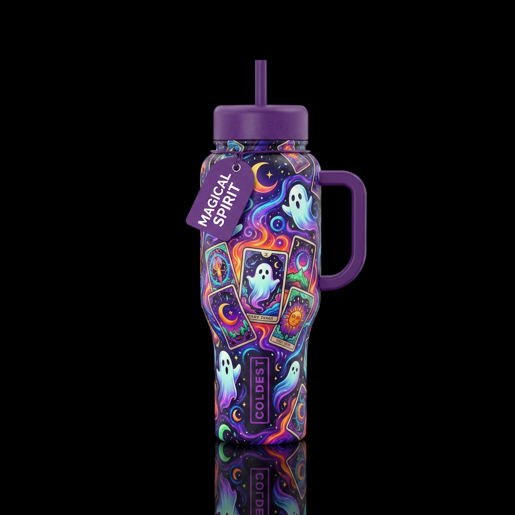 Tarot cards, ghost, magical, bright colors, swirls water bottle design
