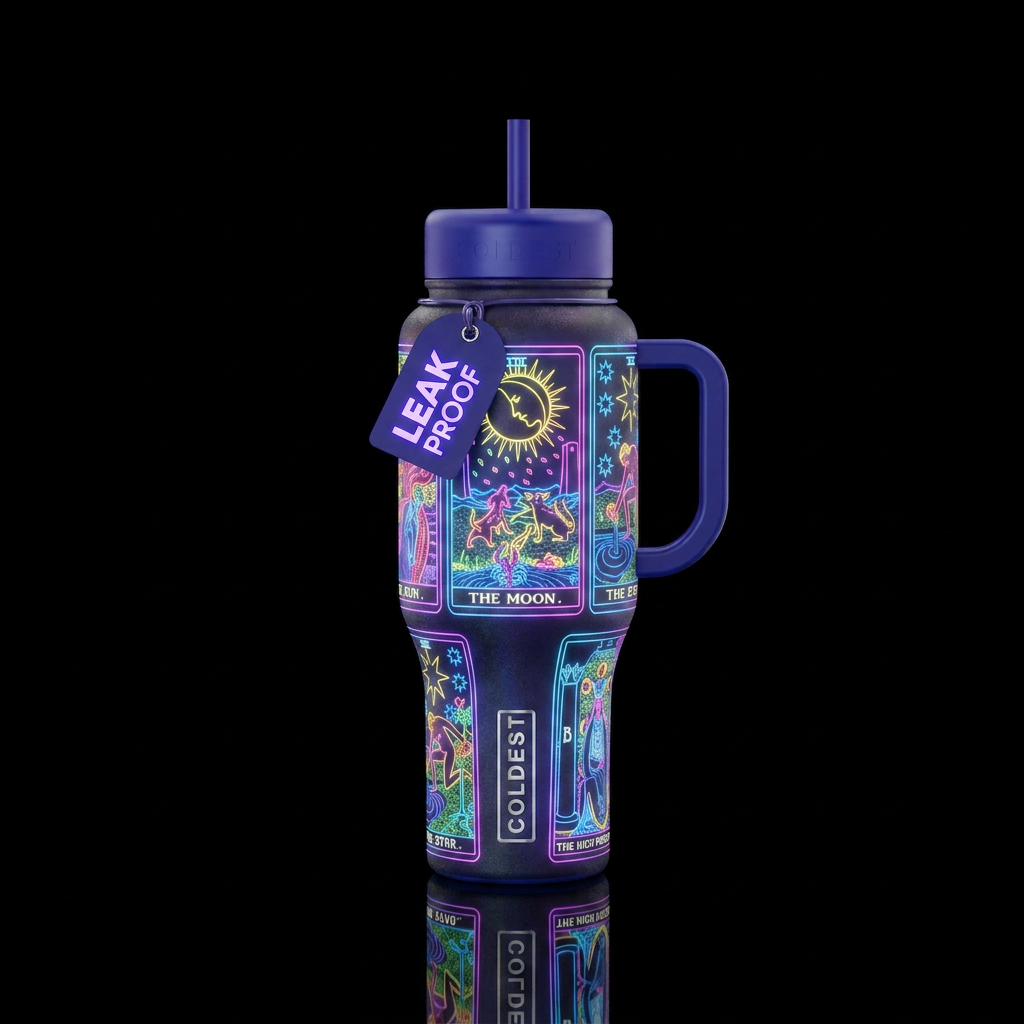 Tarot cards neon glowie water bottle design