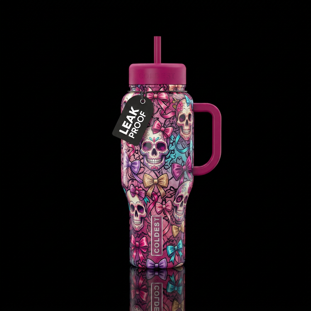 Pretty girly skulls with ribbons lace and bows water bottle design