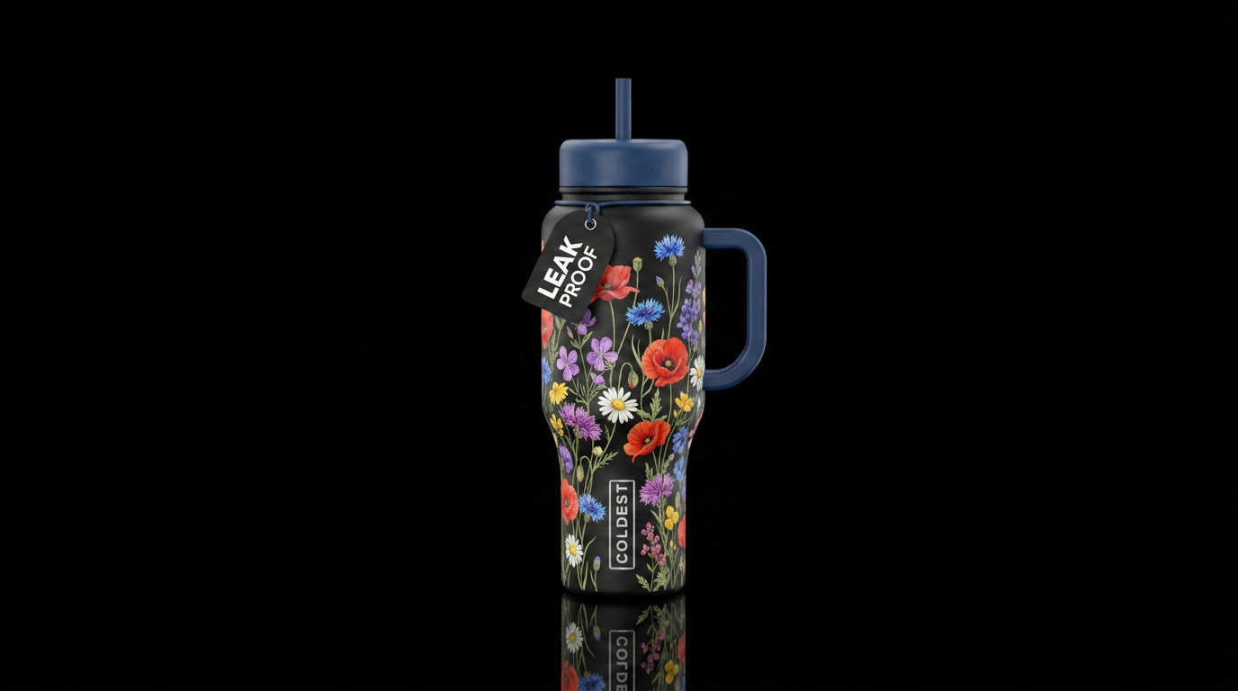 Colorful Wildflower matte black water bottle design