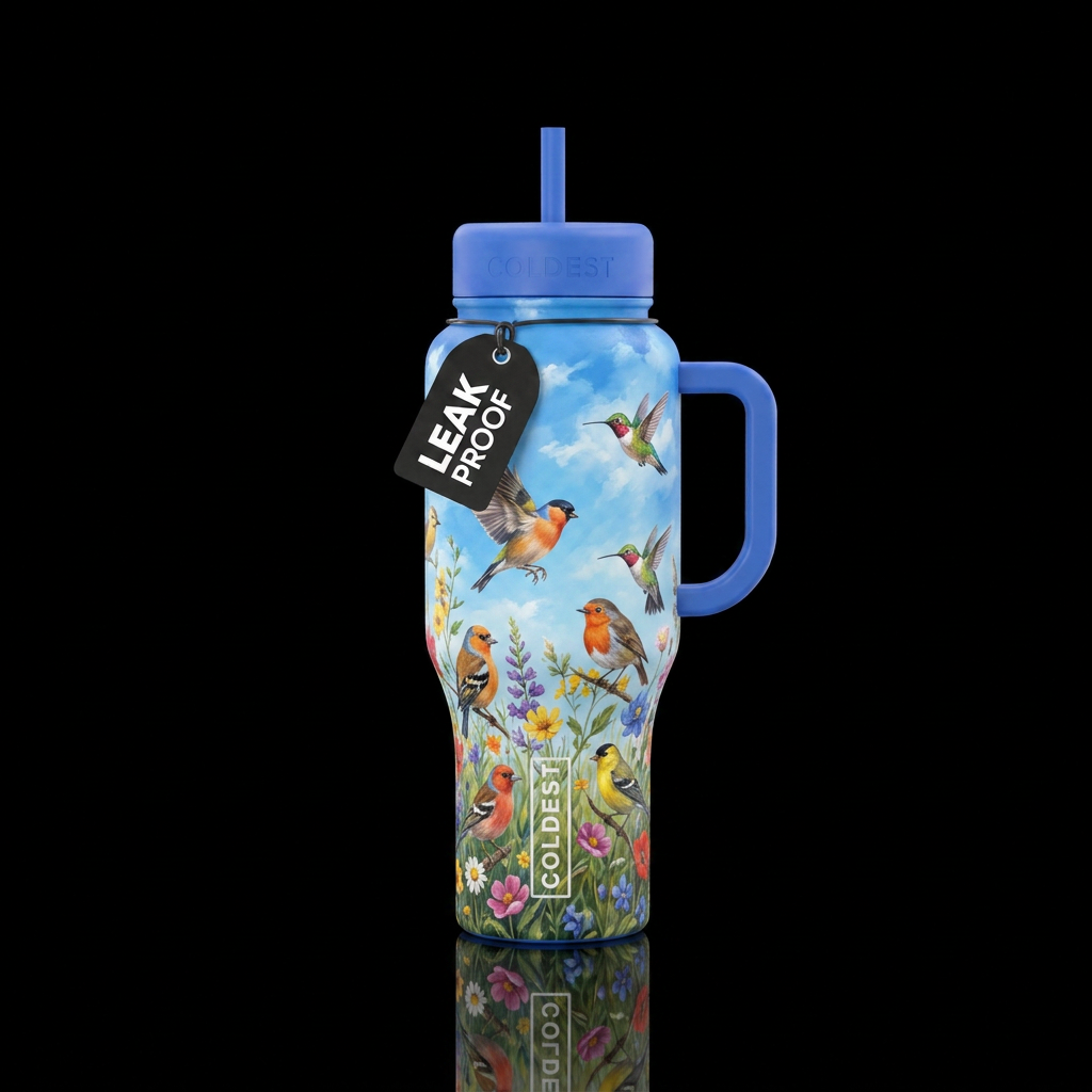 vibrant, painted, birds wildflower sky water bottle design
