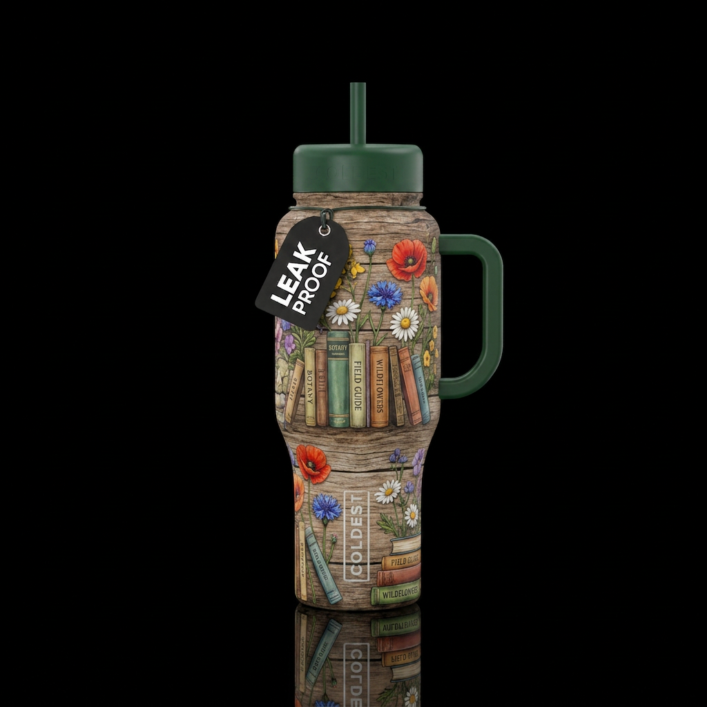 Wood background wildflowers books water bottle design