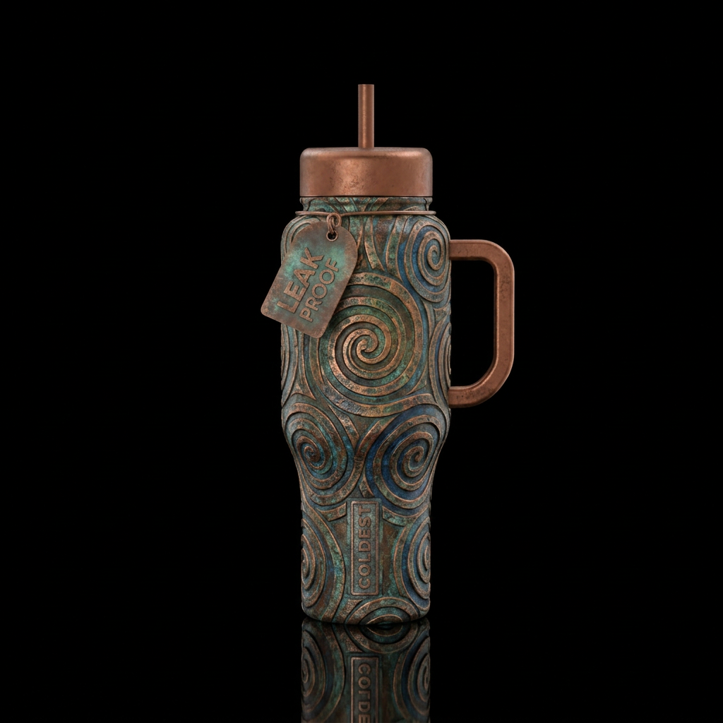rugged, rustic, spirals water bottle design