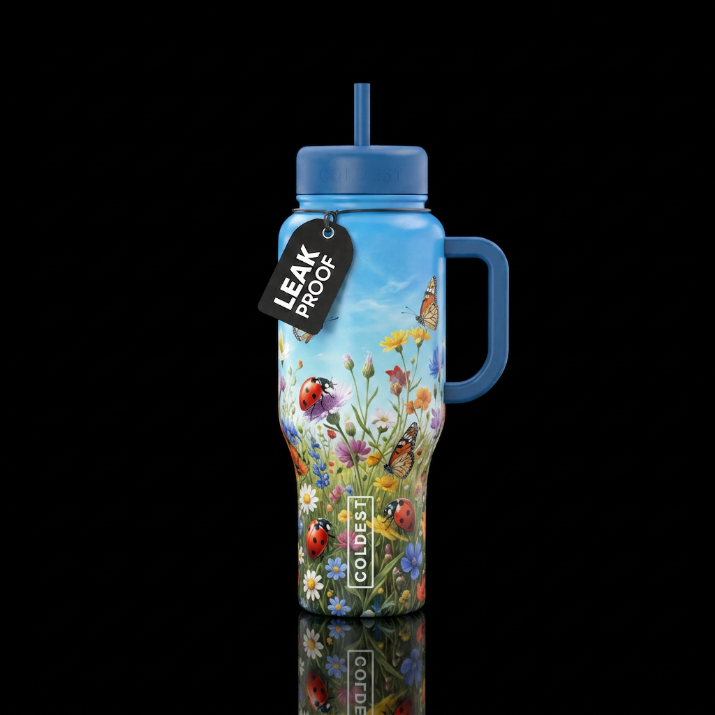 Ladybug butterfly wildflower sky water bottle design