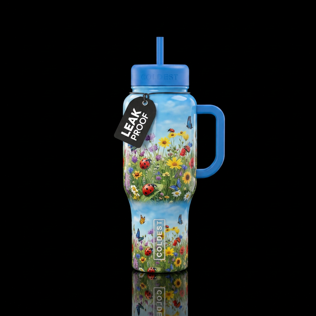 Ladybug butterfly wildflower sky water bottle design