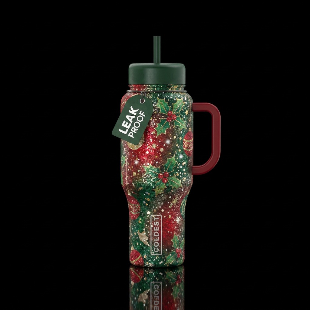 vibrant, sparkly, magical Christmas water bottle design