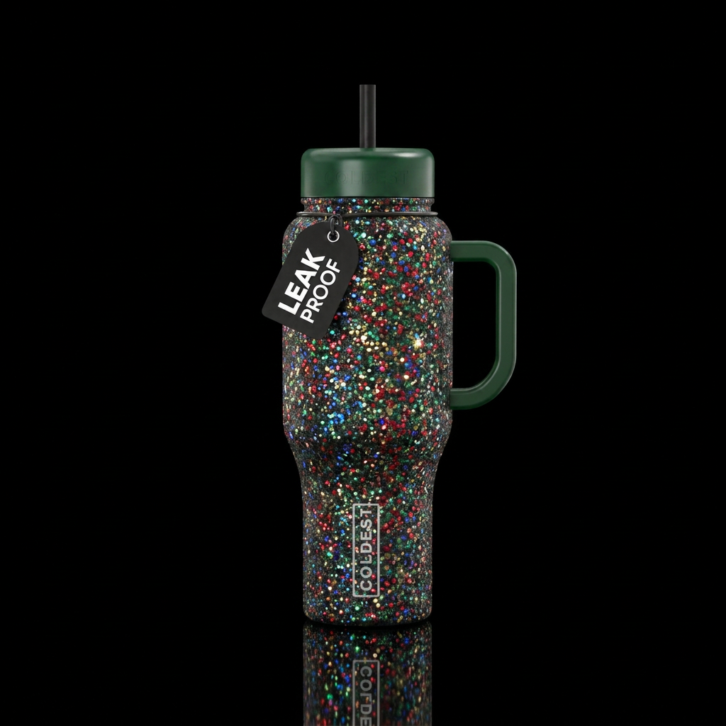 vibrant, sparkly Christmas water bottle design
