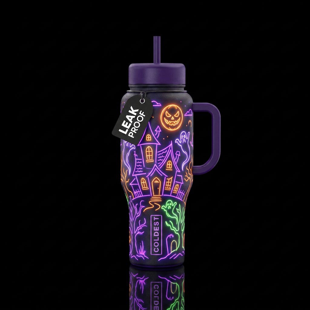 glowie, neon lights Halloween Town water bottle design