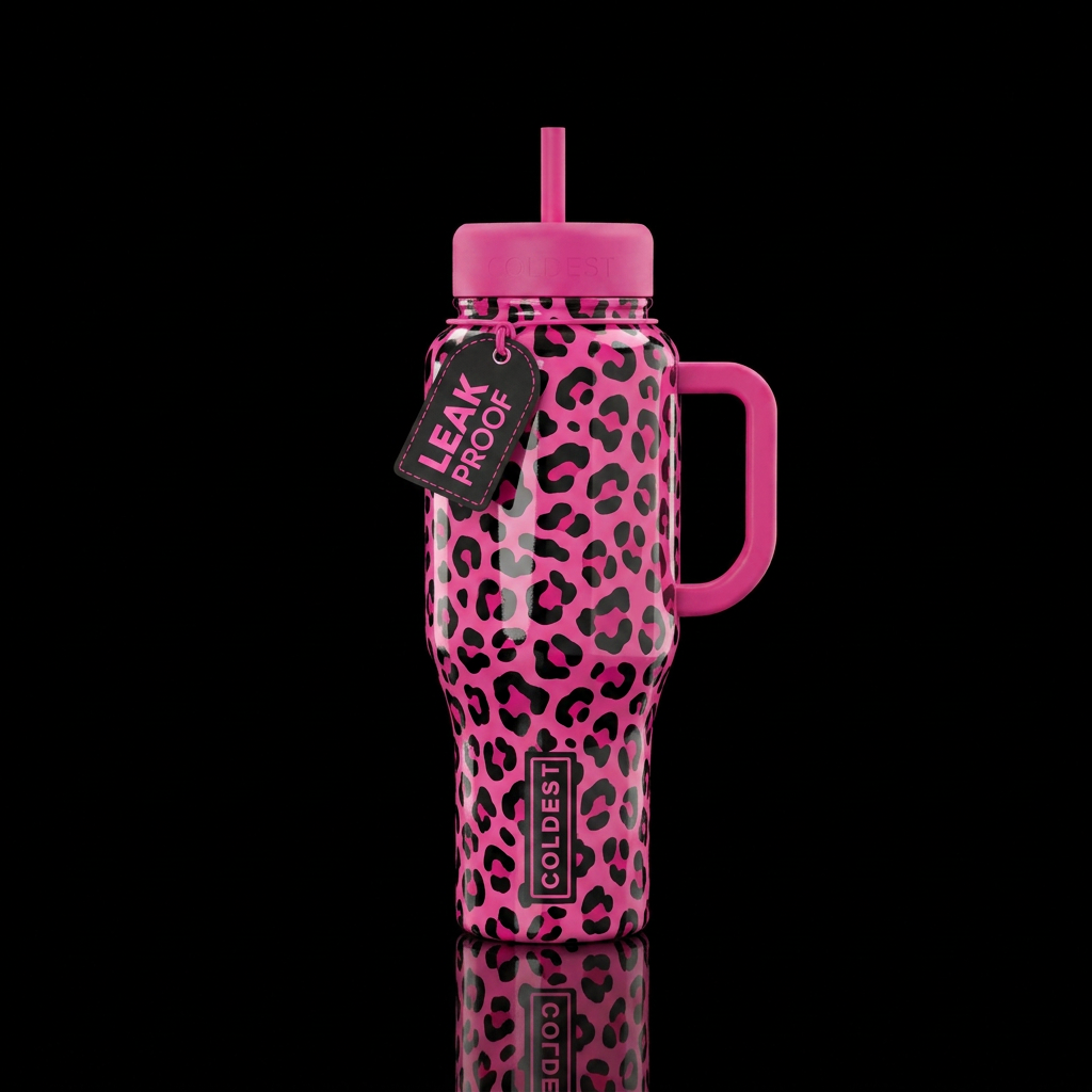 Hot pink background, with shiny black leopard prin... water bottle design